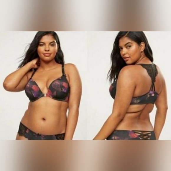 Cacique Lane Bryant Floral Boost Plunge Front Close Racerback Bra Size 44D - Picture 1 of 5